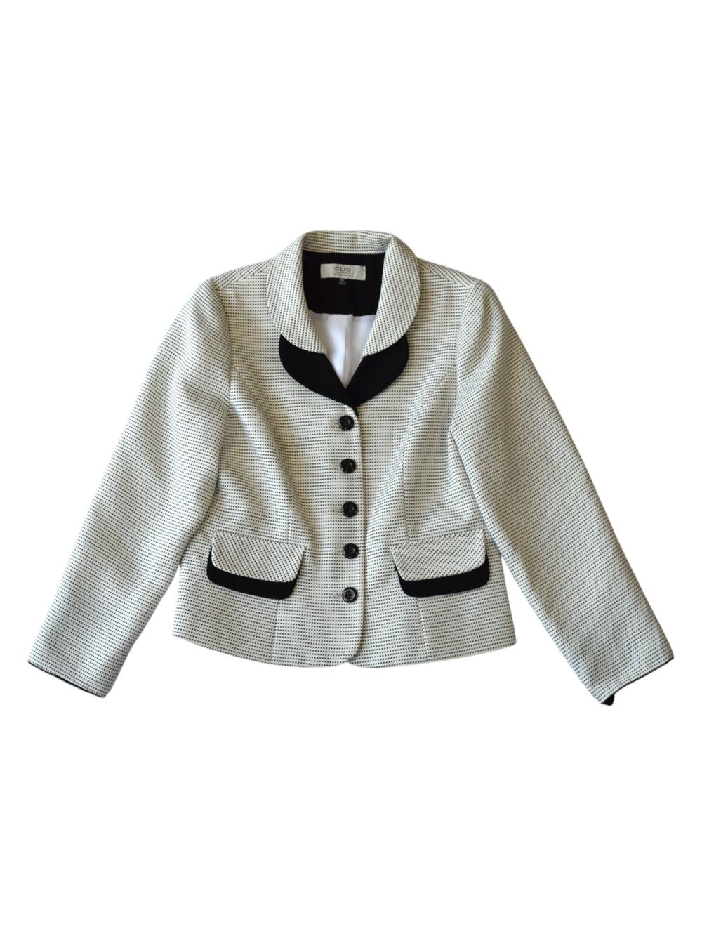 Clio Suit Black & White Textured Blazer Jacket Contrast Trim Career Size 12